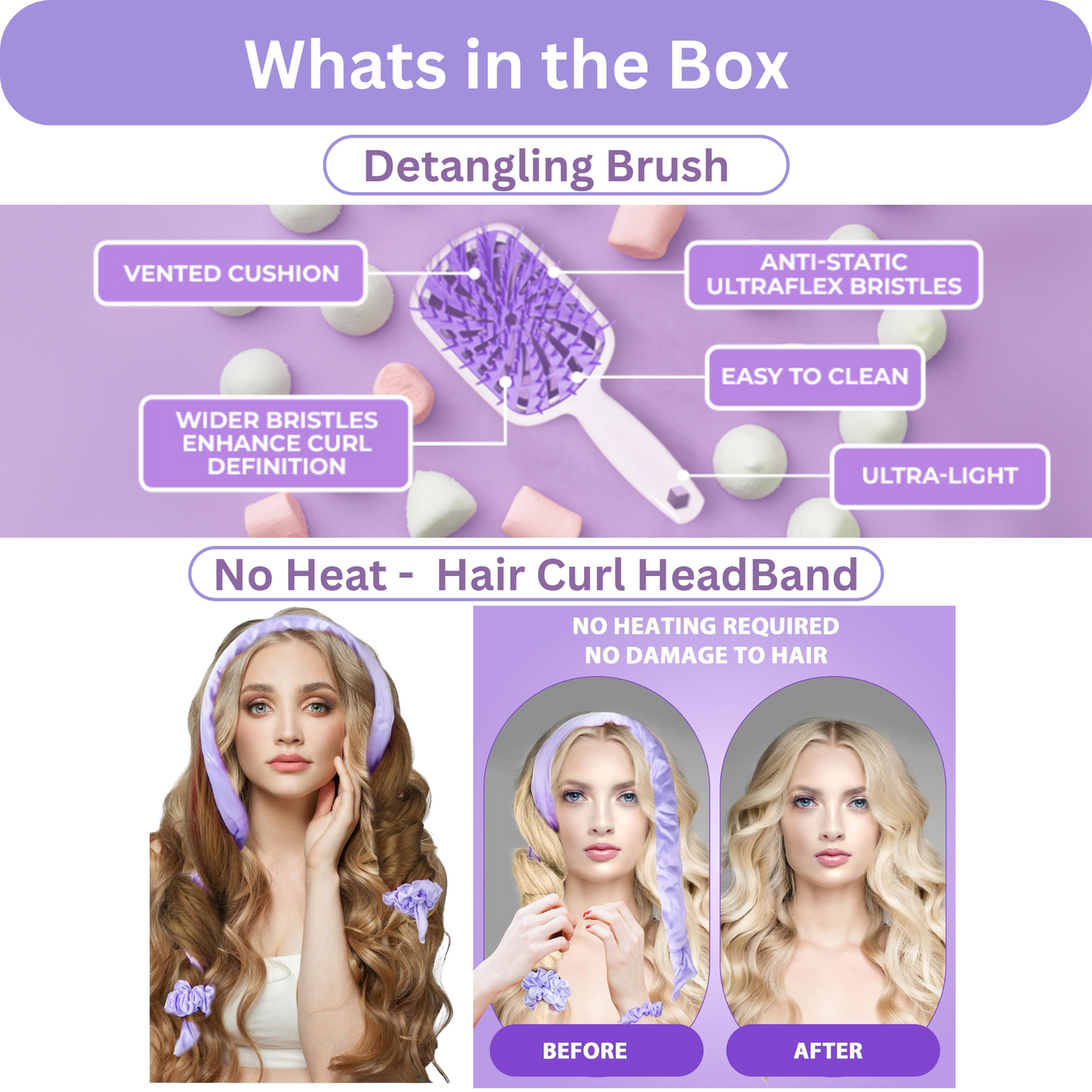 Detangling Hair Brush & Heatless Curling Rod Headband, Wet & Dry Hair, DIY