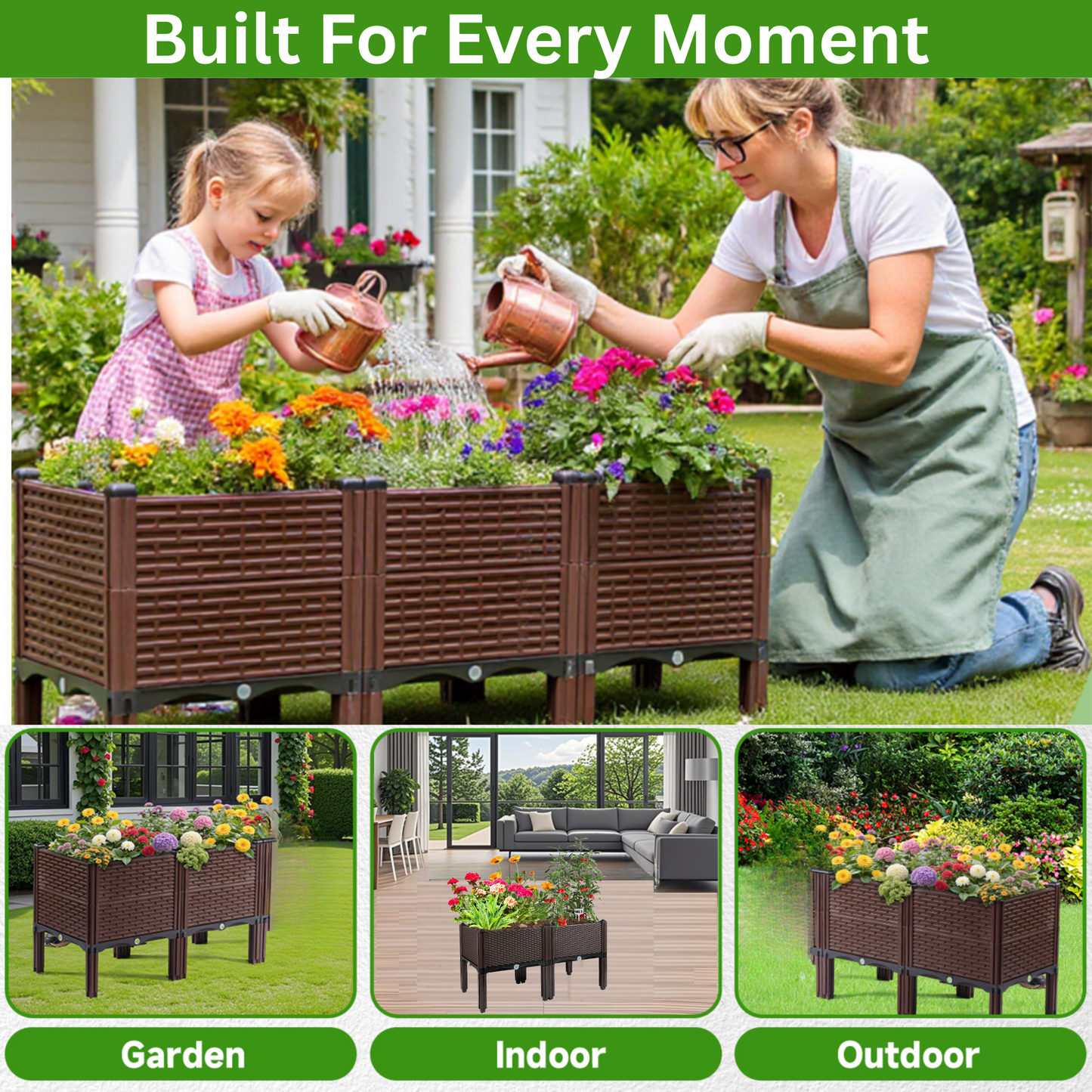 2 Pack Raised Garden Bed With Drain Outlet, Bed Vegetable Herb Planter Box