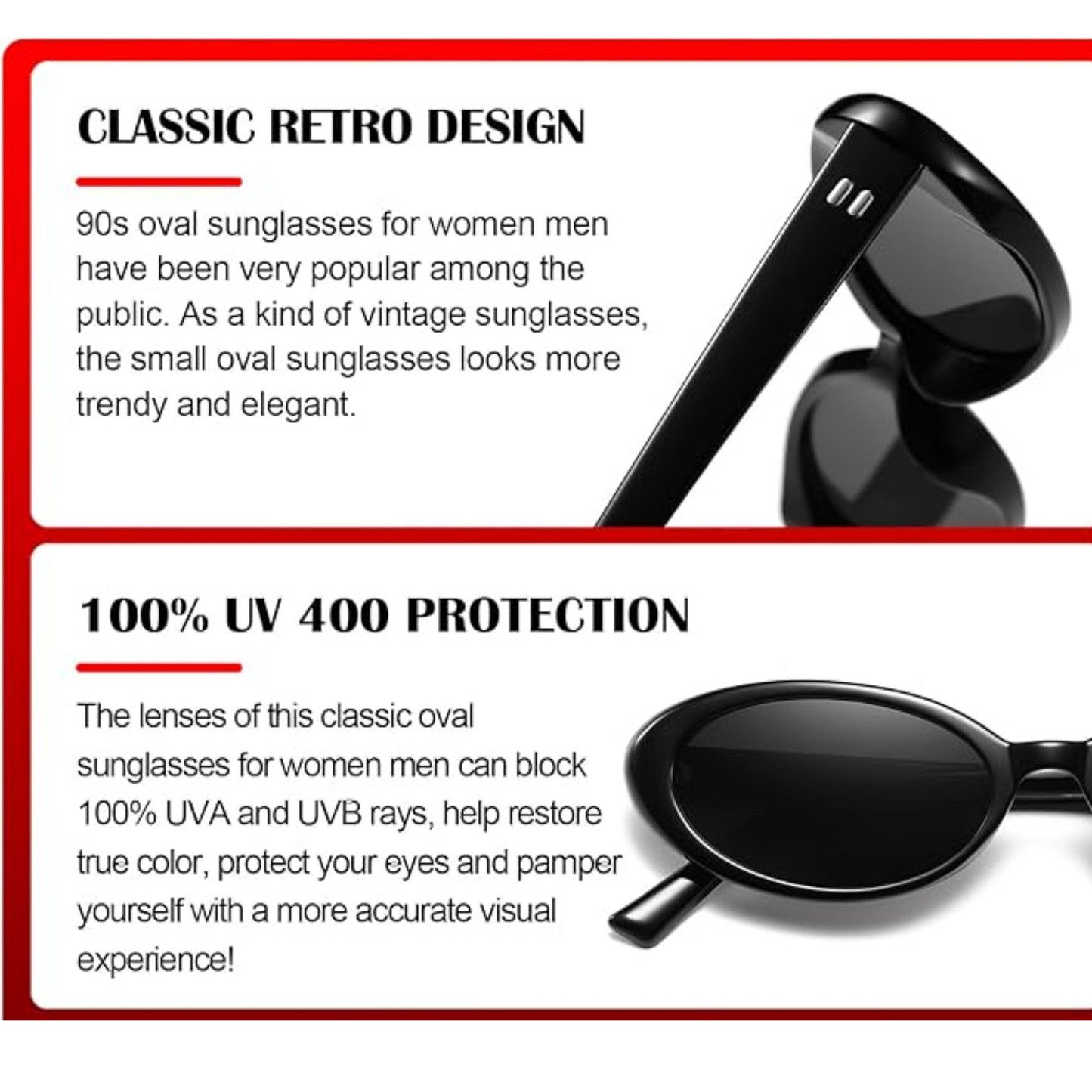 Retro Oval Sunglasses for Women,Girls and Youth, Fashion 90s Vintage Shades - Black