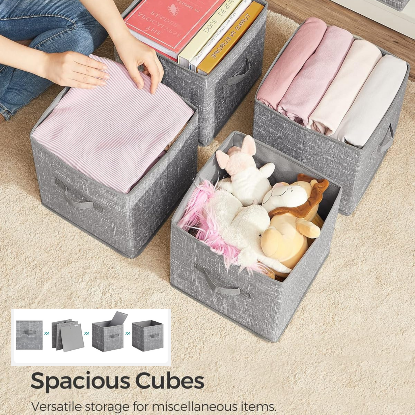 90L Laundry Basket With Lid, Compartment & Linen,2 Collapsible Storage Cube