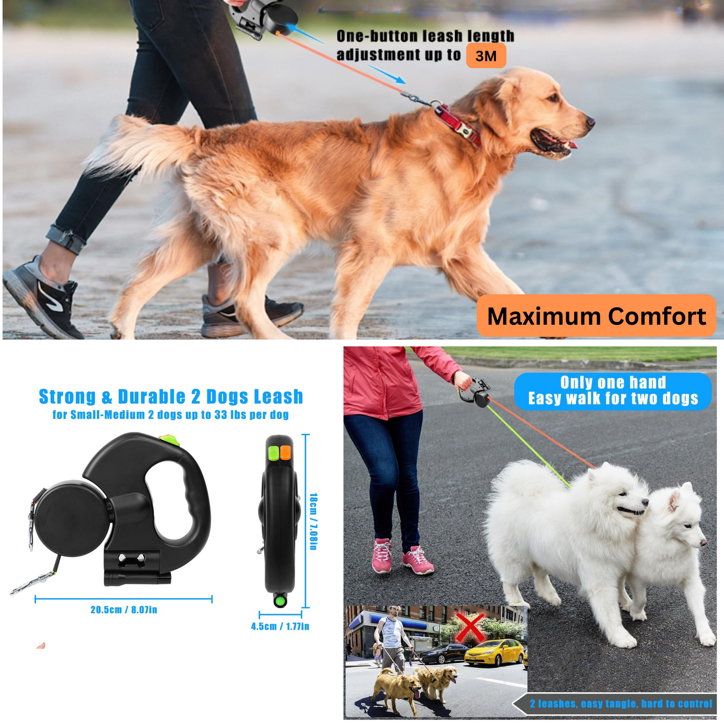 Dual Retractable Dog Leash with LED Light, 3M Leash with 360 Tangle-Free