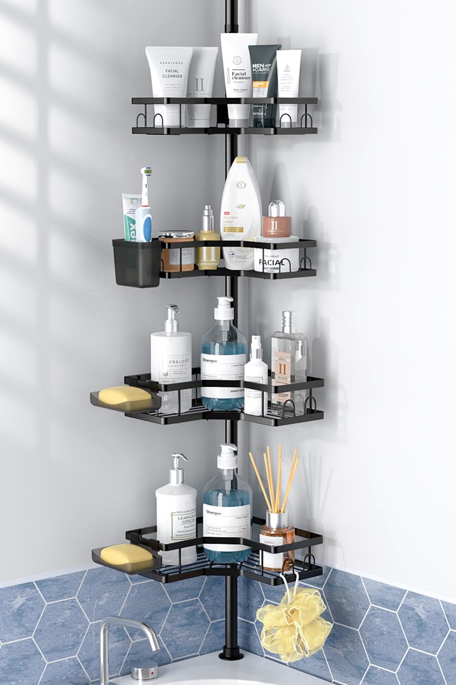 7-Piece Adjustable Telescopic Corner Shower Caddy with Hooks