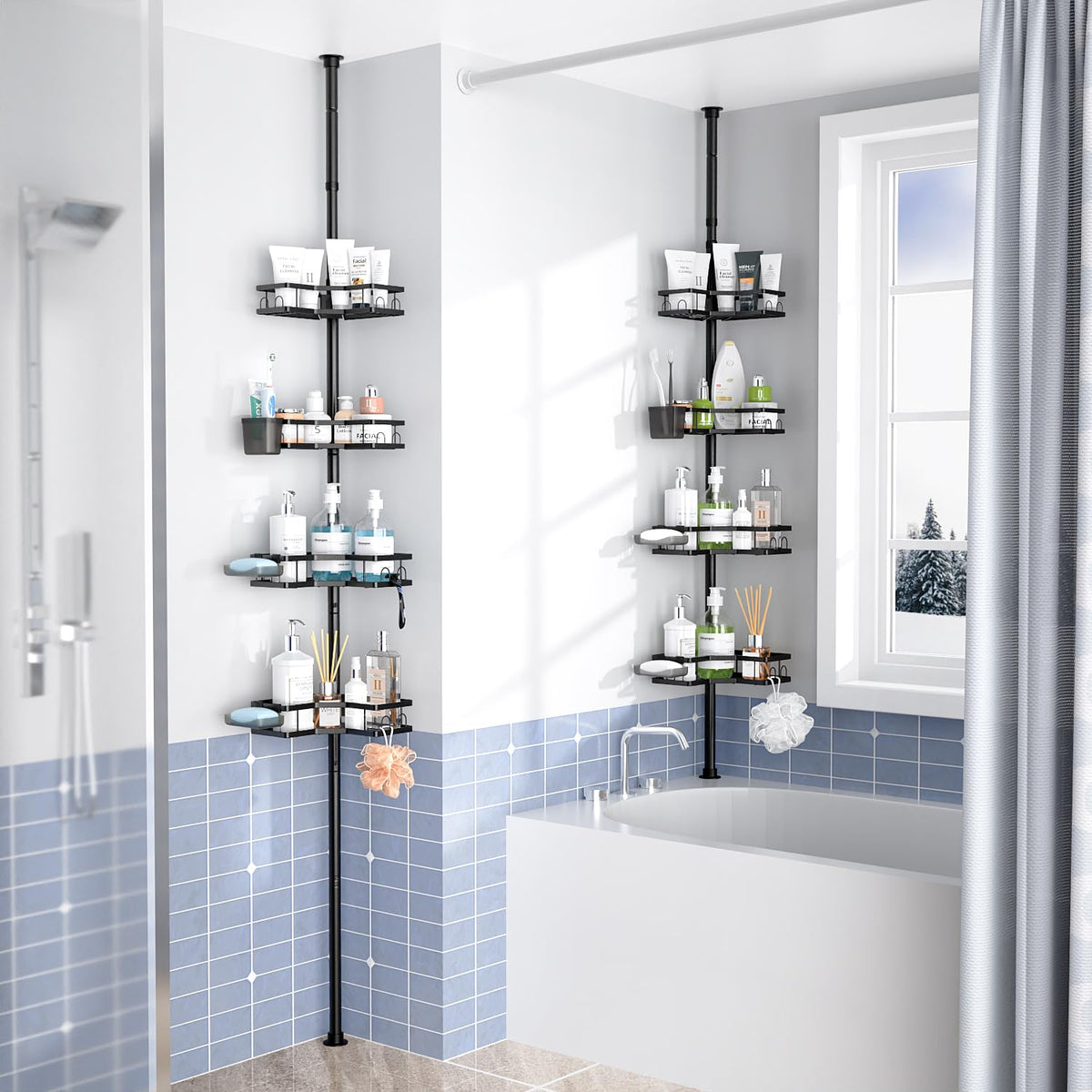 7-Piece Adjustable Telescopic Corner Shower Caddy with Hooks