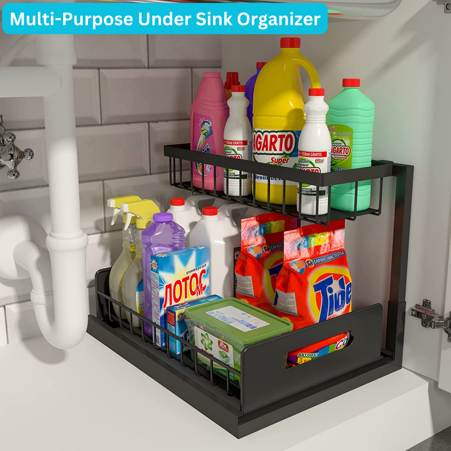 Under Sink Organizer,Bathroom Countertop & Kitchen Organizer- Premium Metal