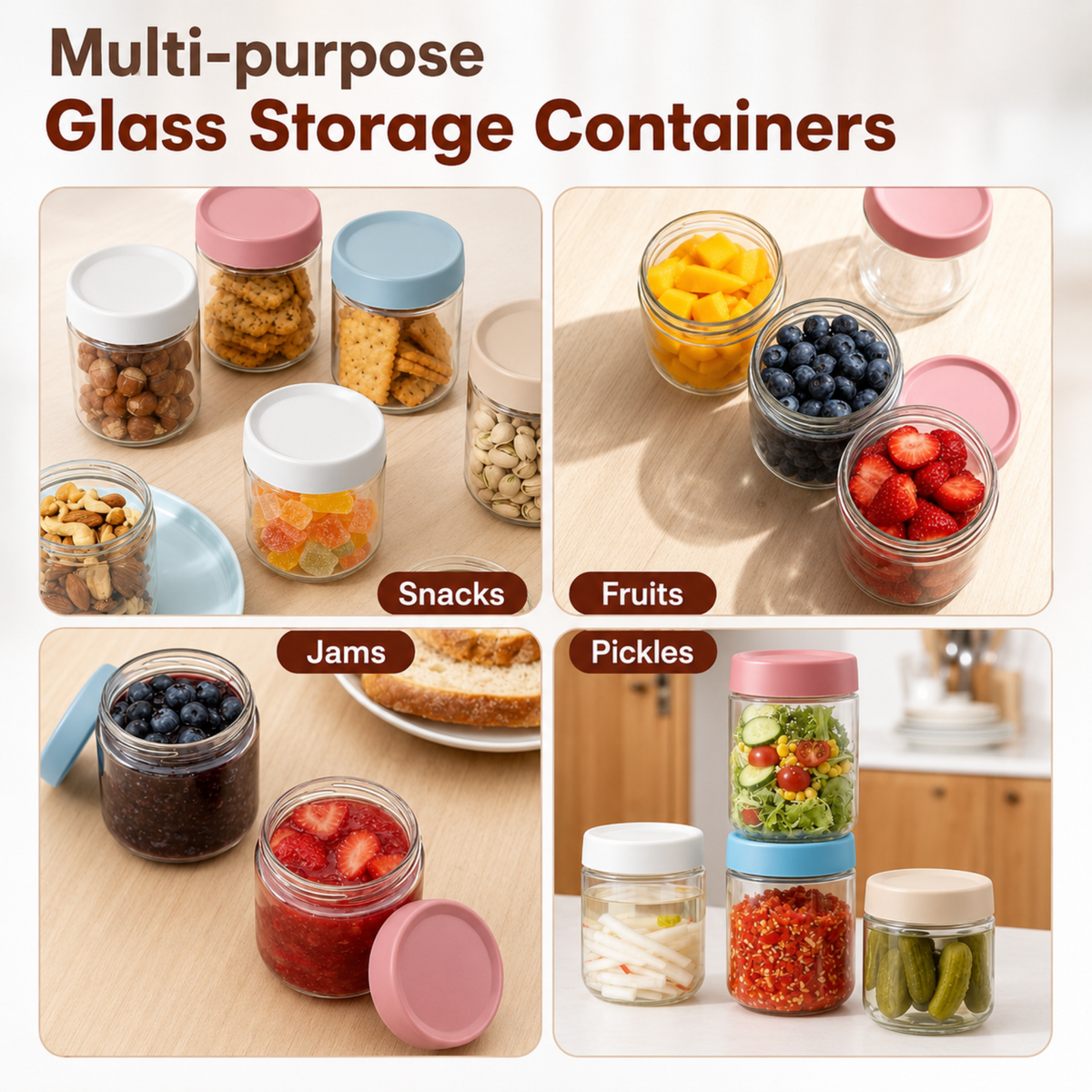 4-Pack Glass Overnight Oats Jars with Leakproof Lids