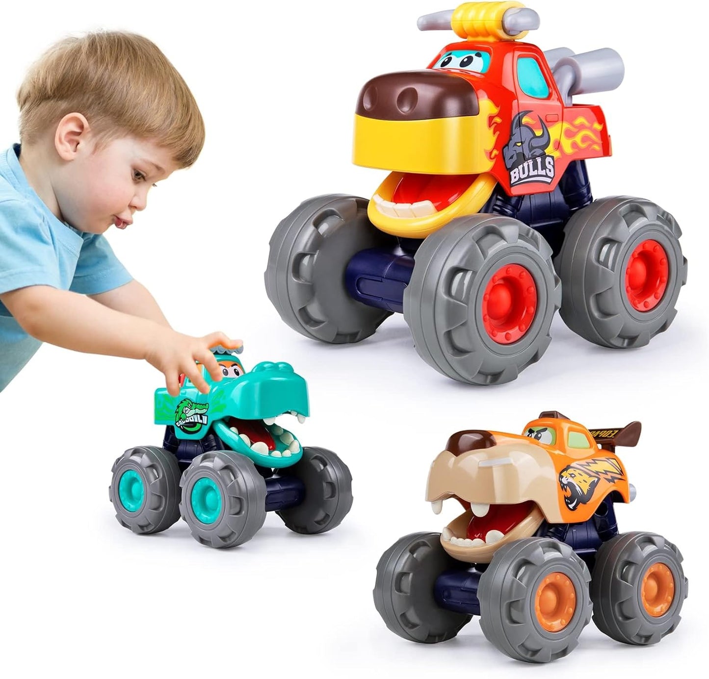 Friction Powered Monster Truck Toy, Push & Go, Toy Cars, Cars for Toddlers - Red, Orange