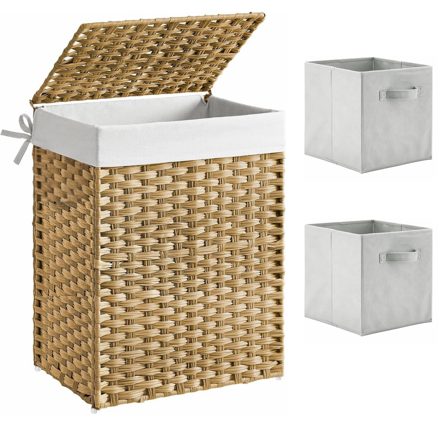 90L Laundry Basket With Lid  Compartment & Linen 2 Collapsible Storage Cube