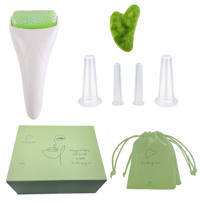 Facial Massage Set with Gua Sha, Ice Roller & 4 Cupping Cups