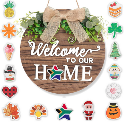 Wooden Welcome Sign with 14 Seasonal Magnets for Front Door Décor