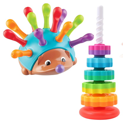 2-Piece Fine Motor Toy Set: Hedgehog Peg Toy & Baby Stacking Spinner