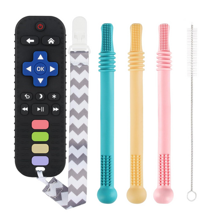 Silicone TV Remote Baby Teether Set with 3 Teething Tubes