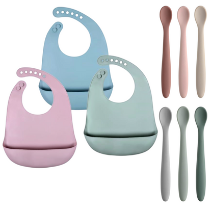 9-Piece Silicone Baby Feeding Set: 3 Bibs & 6 Spoons