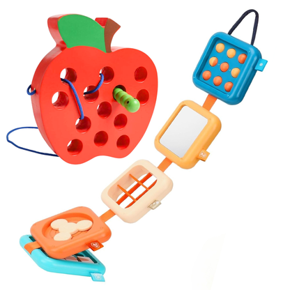 2-in-1 Montessori Busy Board & Apple Threading Travel Toy for Toddlers