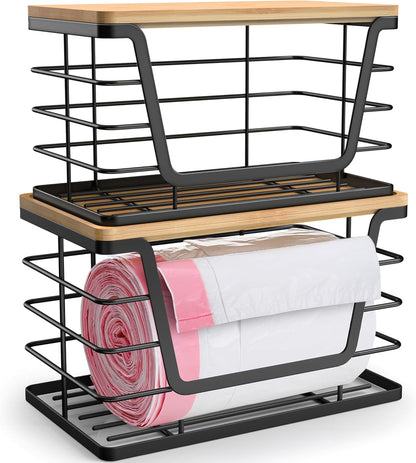 2-Piece Stackable Pantry Organiser & Trash Bag Holder with Bamboo Lid