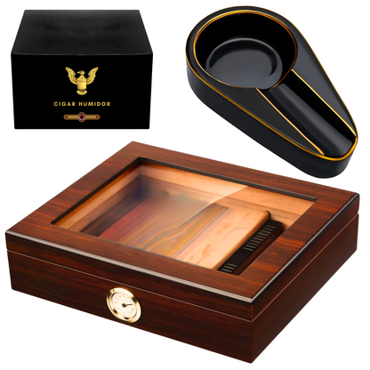 Cedar Cigar Humidor with Hygrometer, Humidifier & Ashtray, 18–25 Cigars