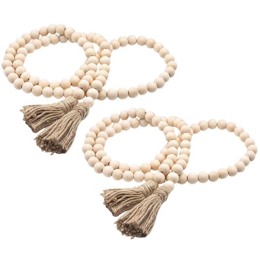 2 Pcs Farmhouse Wood Beads Garland with Tassels, Boho Home Decor, Handmade