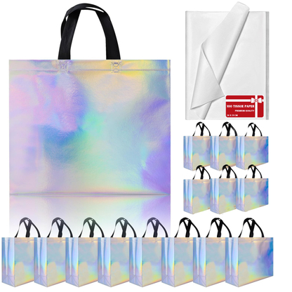 15 Reusable Iridescent Gift Bags with 100 White Tissue Paper Sheets