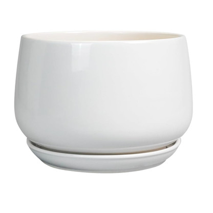 17 cm White Ceramic Plant Pot with Drainage Hole & Saucer