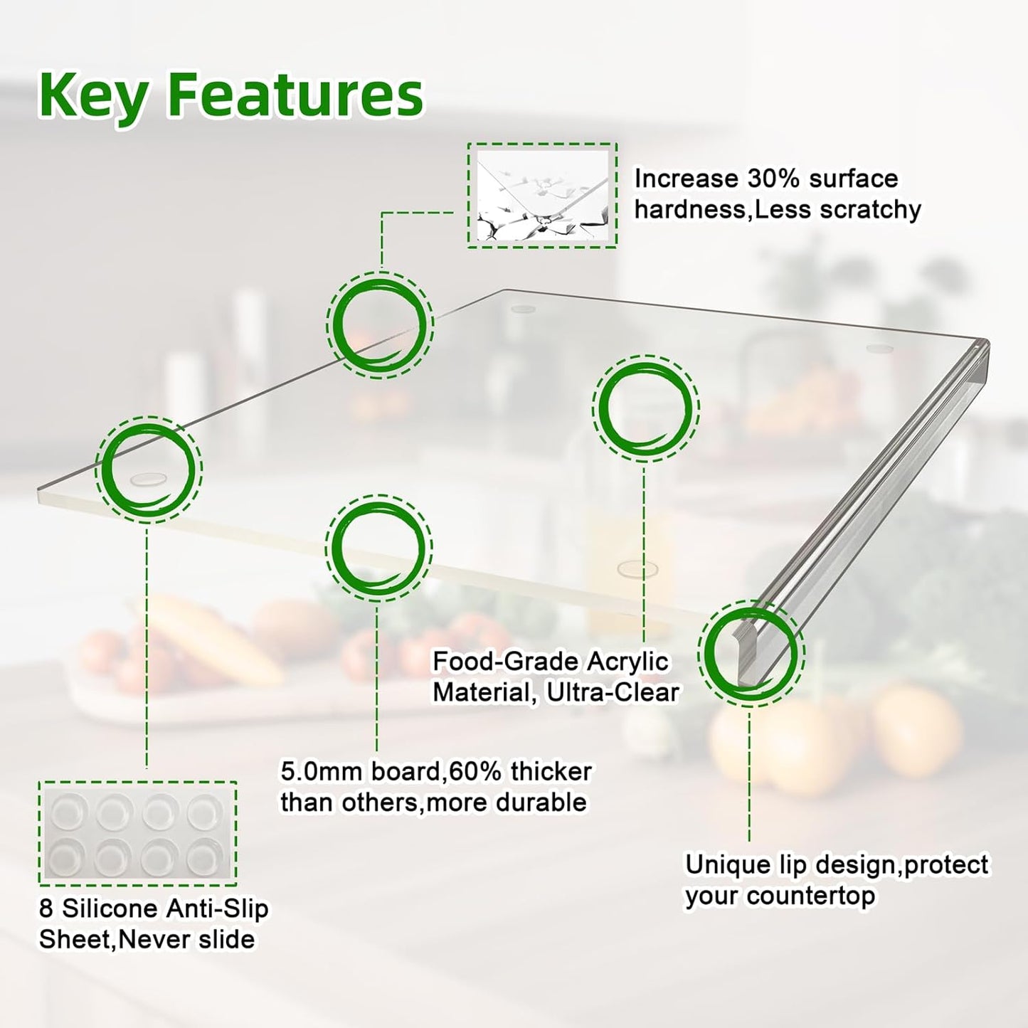 Premium Acrylic Cutting Board with Counter Lip, 45 cm x 35 cm, Non-Slip