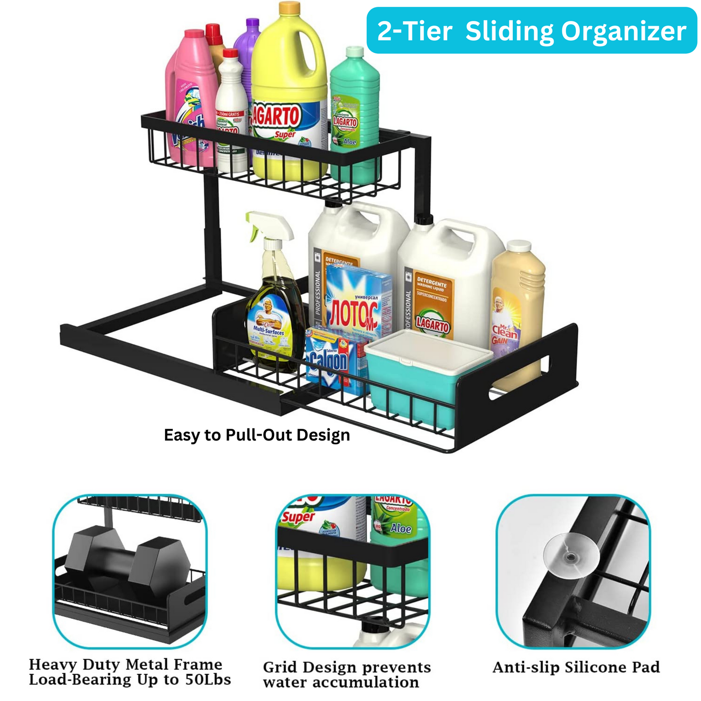 Under Sink Organizer,Bathroom Countertop & Kitchen Organizer- Premium Metal