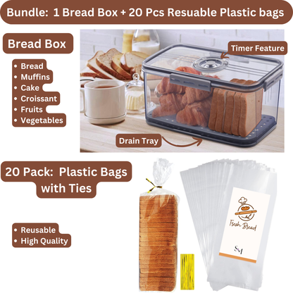 Kitchen Bread Storage Box with 20 Reusable Bread Bags & Ties