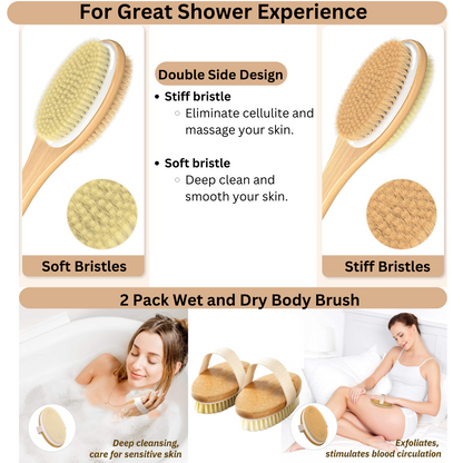 3-Piece Body Brush & Back Scrubber Set for Wet and Dry Shower Use