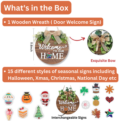 Wooden Welcome Sign with 14 Seasonal Magnets for Front Door Décor