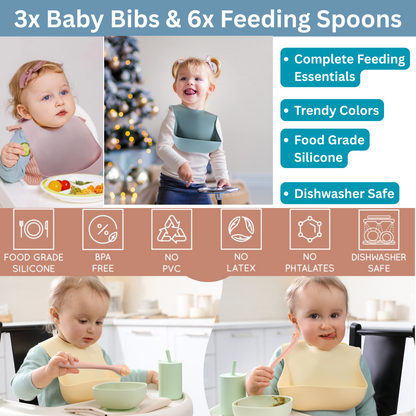 9-Piece Silicone Baby Feeding Set: 3 Bibs & 6 Spoons