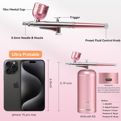 Rechargeable Portable Airbrush Kit with Compressor, 0.3 mm, 48 PSI