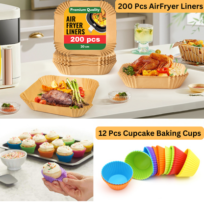 200 Disposable Air Fryer Liners with 12 Reusable Silicone Baking Cups