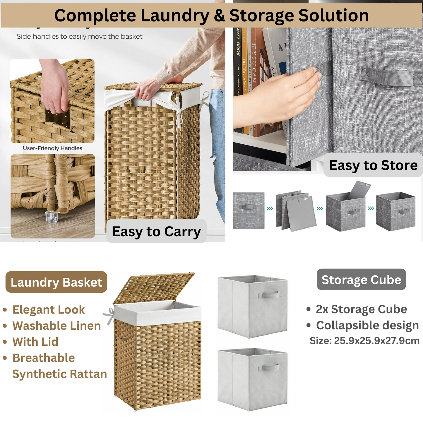 90L Laundry Basket With Lid  Compartment & Linen 2 Collapsible Storage Cube