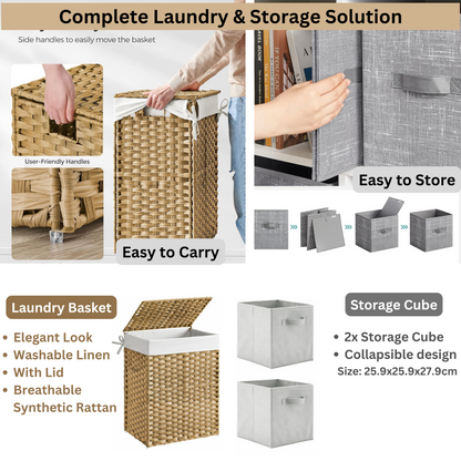 90 L Collapsible Laundry Hamper with Lid, Divider & 2 Storage Cubes