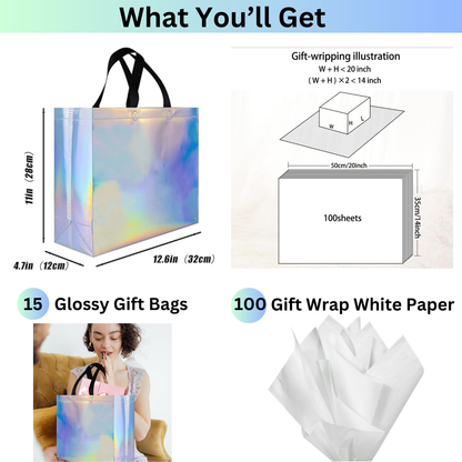 15 Reusable Iridescent Gift Bags with 100 White Tissue Paper Sheets