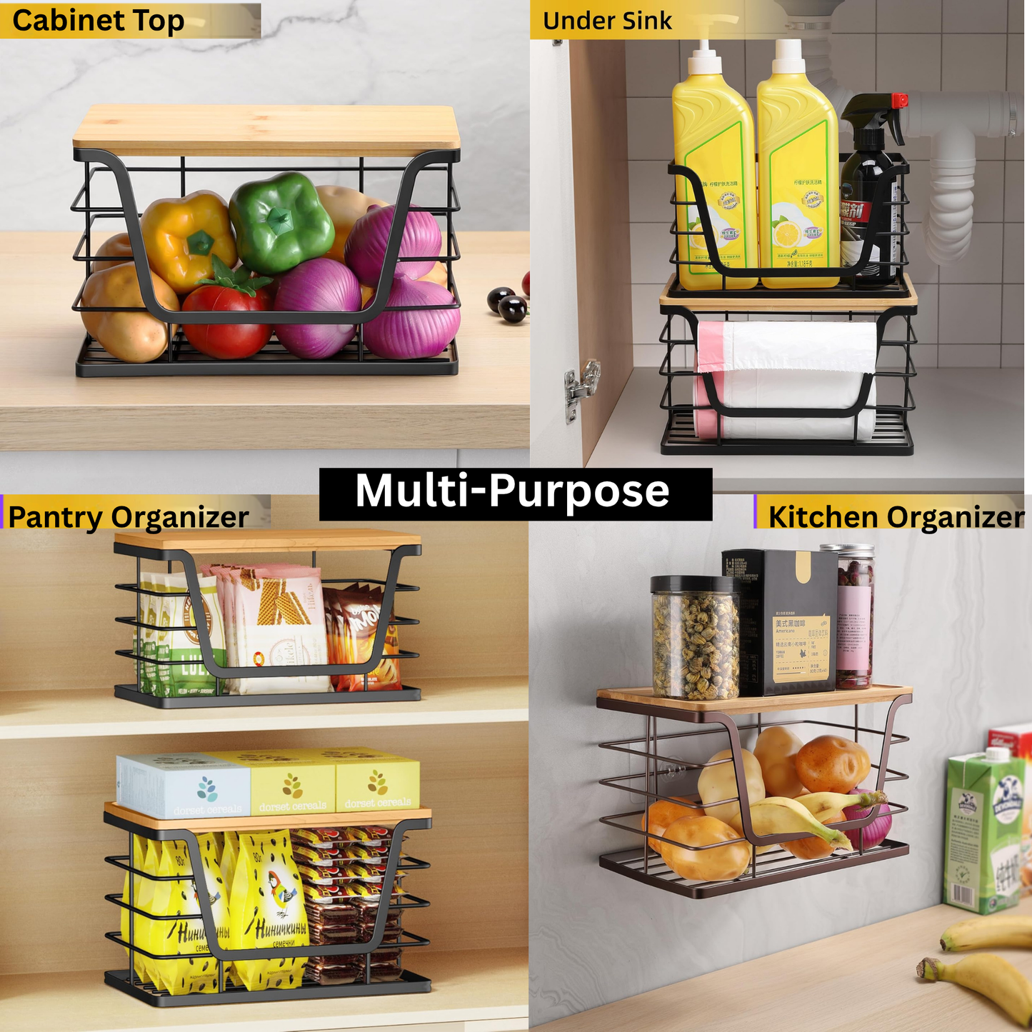 2 Pcs Stackable Kitchen & Pantry Storage Organizer, Trash Bag Holder