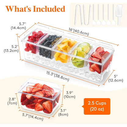 Ice Chilled Serving Set for Party With 5 Containers, Lids, Spoons & Tongs