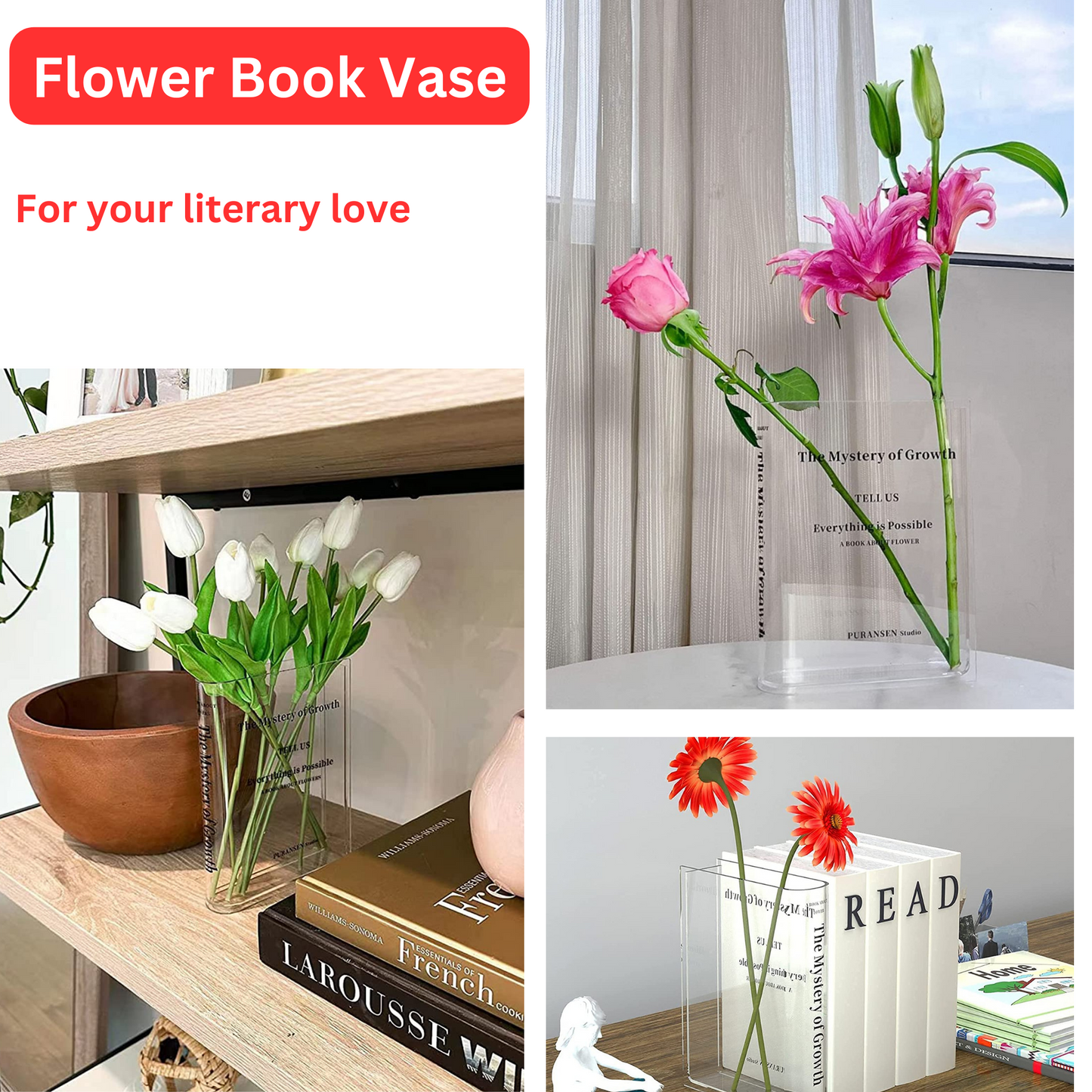 Acrylic Book Vase - Decorative Clear Flower Vase for Home & Office Decor, Perfect for Bookshelf & Tabletop