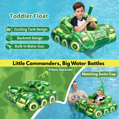Tank Kids Pool Float with Built-In Water Gun & Swim Cap