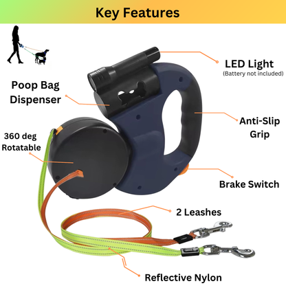 Dual Retractable Dog Lead with LED Light, 3 m Tangle-Free Leash