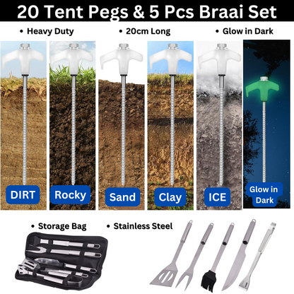 20 Glow-in-the-Dark Tent Pegs with 5-Piece Stainless Steel Braai Set