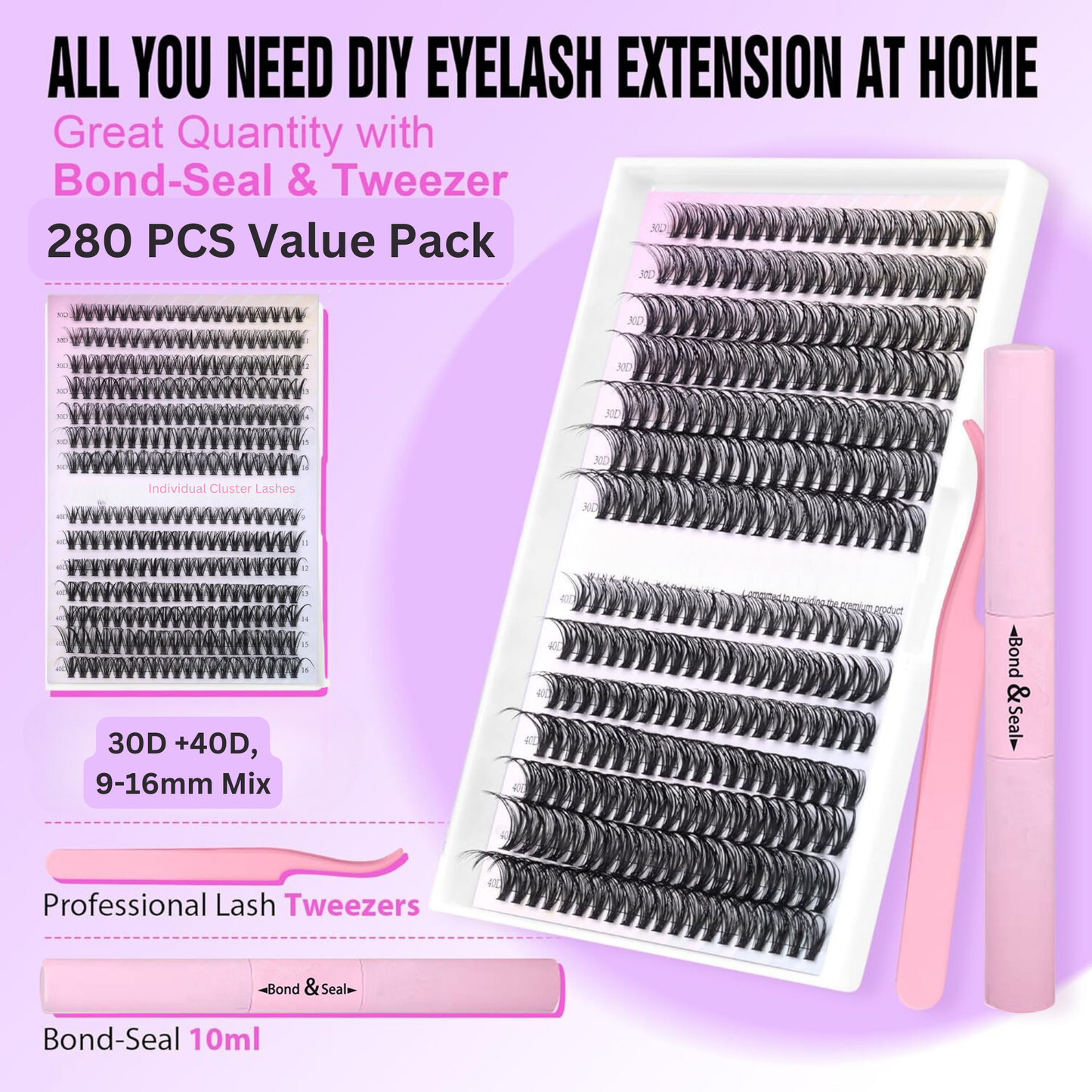 280 Pcs 30D and 40D Lash Extension Kit DIY, False Lash Cluster with Bond and Seal and Tweezer