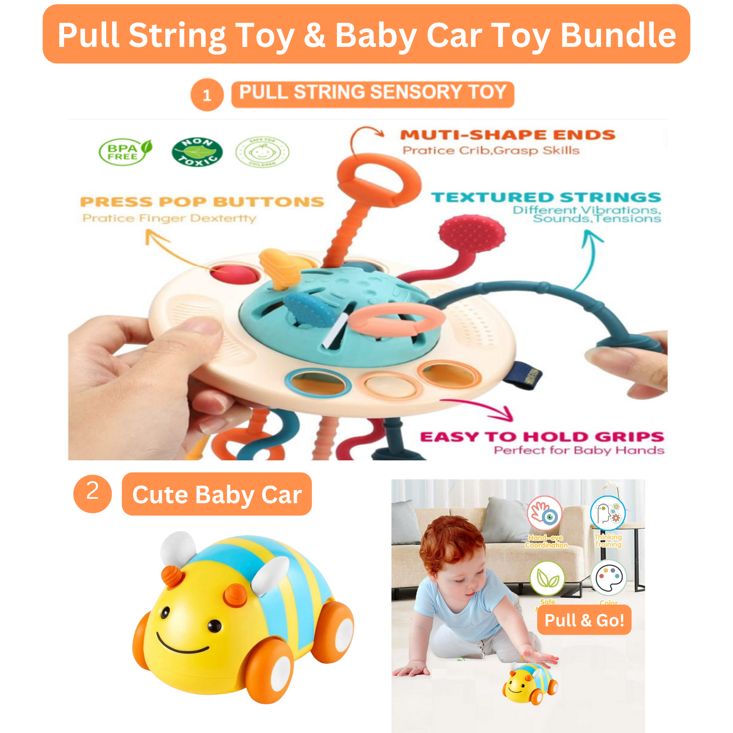 Pull String Activity Sensory Toy & Cute Baby Car Toy, Travel Toys