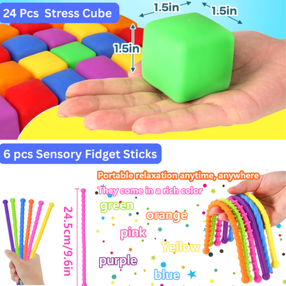 30-Piece Stress Relief Fidget Toy Set: 24 Cubes & 6 Fidget Sticks