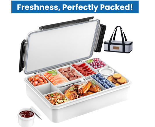 Insulated Lunch & Snack Box with 12 Compartments, Ice Pack & Bag