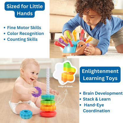 2-Piece Fine Motor Toy Set: Hedgehog Peg Toy & Baby Stacking Spinner