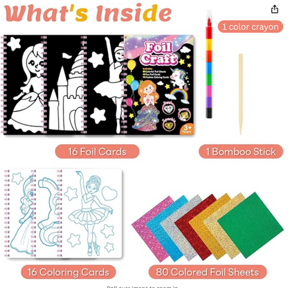 Princess Foil Art Craft Kit for Kids, Screen-Free Travel Activity