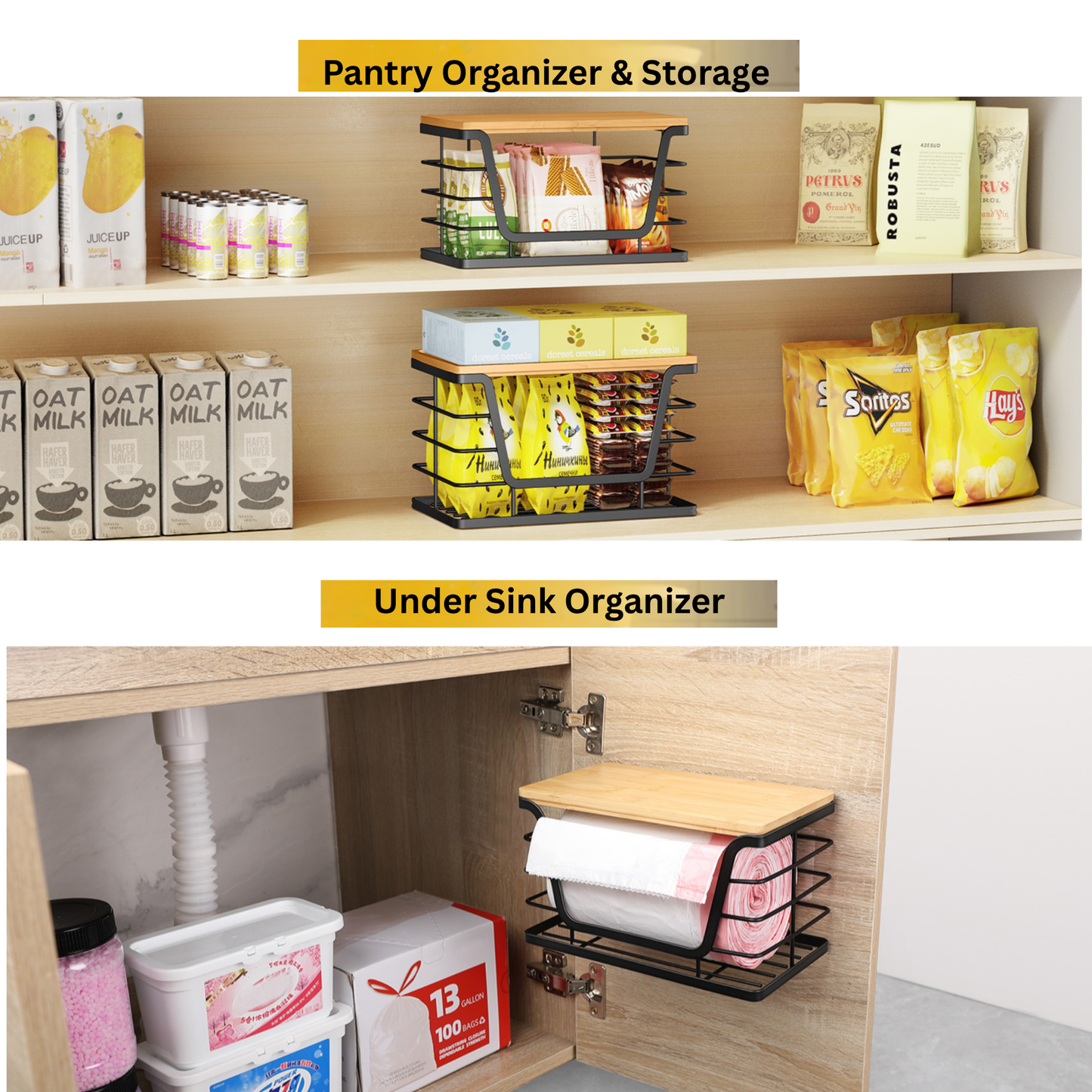 2 Pcs Stackable Kitchen & Pantry Storage Organizer, Trash Bag Holder