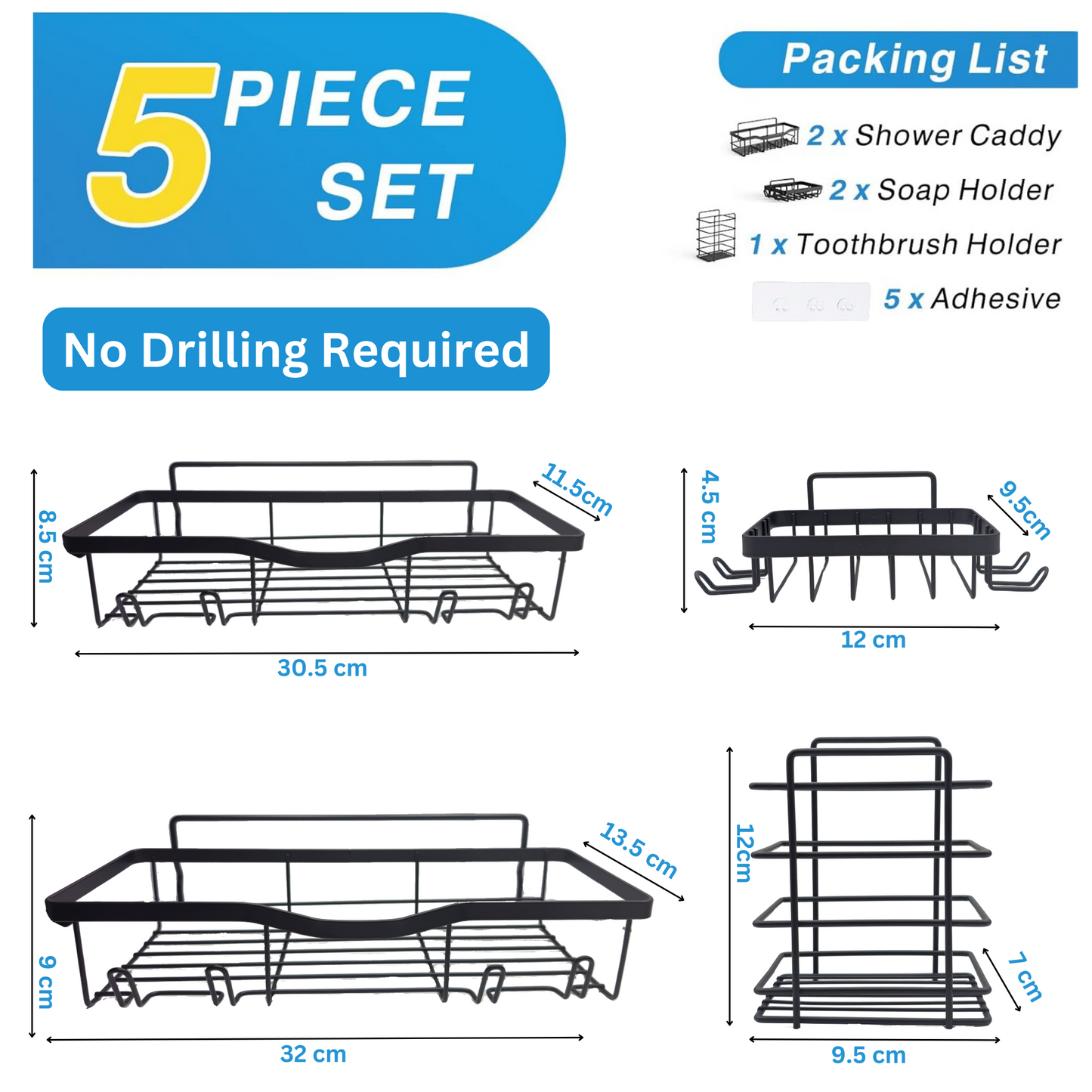 5 Pack Adhesive Shower Caddy, Bathroom Organizers & Storage, No Drilling Shelves, Home Decor,Bathroom Accessories