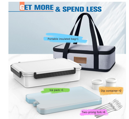 Insulated Lunch & Snack Box with 12 Compartments, Ice Pack & Bag