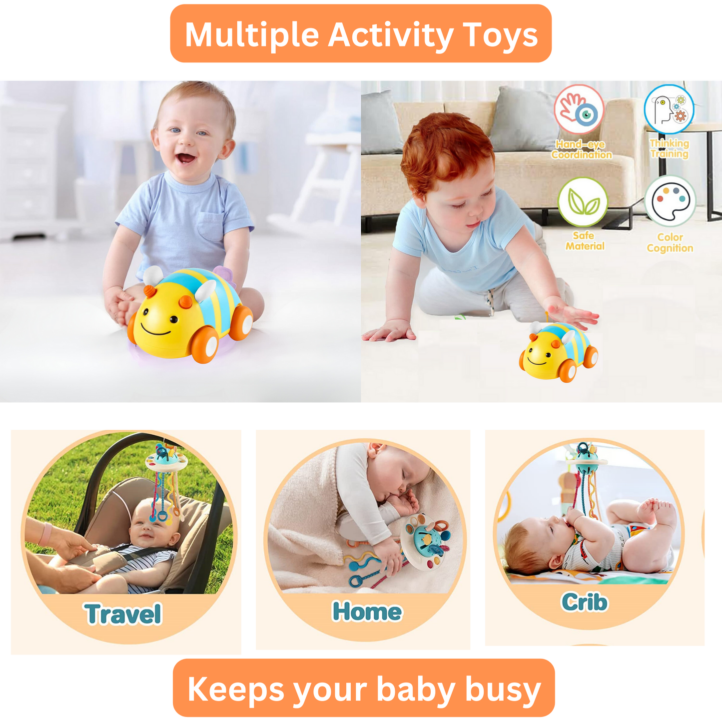 Pull String Activity Sensory Toy & Cute Baby Car Toy, Travel Toys