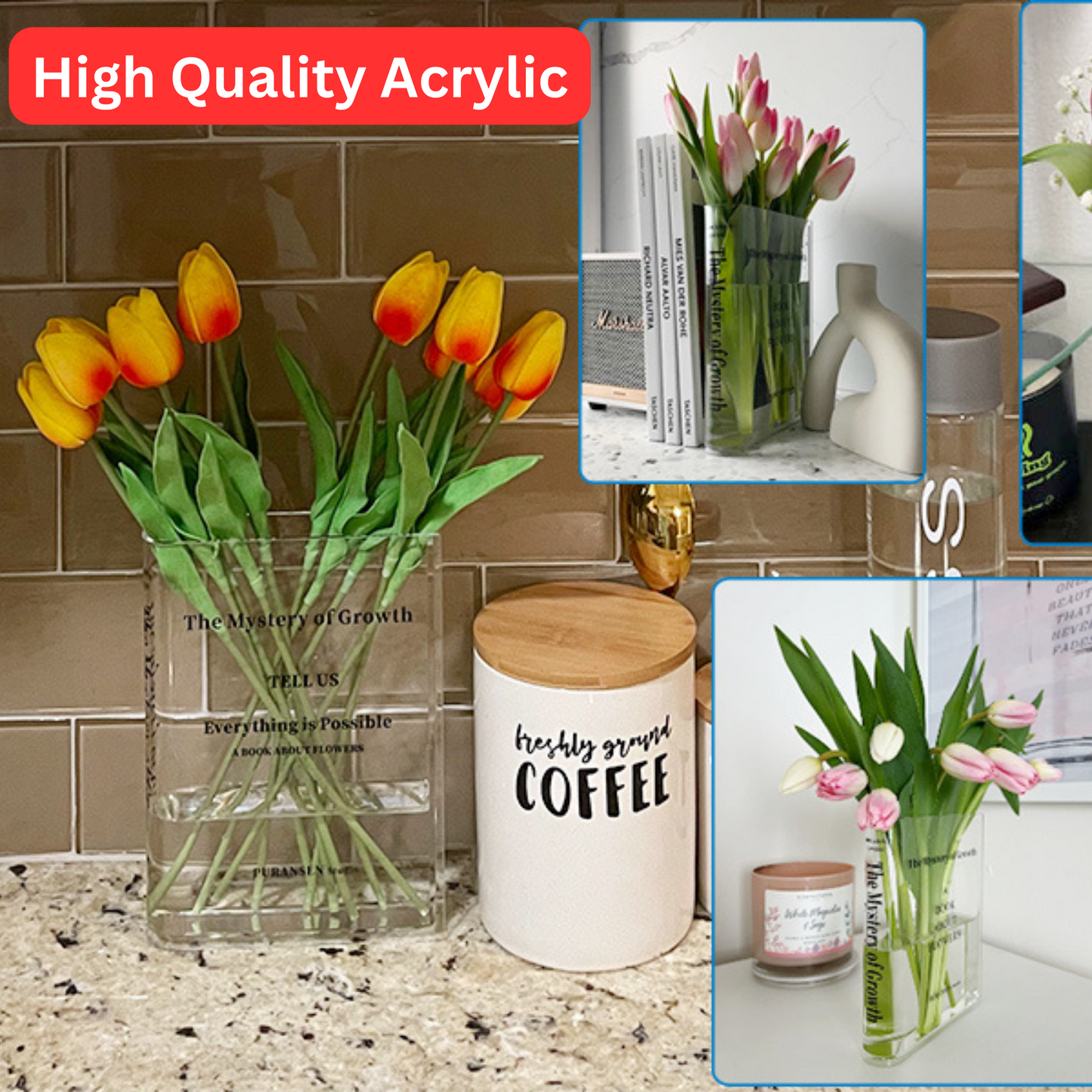 Acrylic Book Vase - Decorative Clear Flower Vase for Home & Office Decor, Perfect for Bookshelf & Tabletop